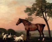 A Bay Hunter With Two Spaniels - 乔治·斯塔布斯